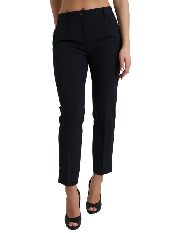 Elegant Mid Waist Tapered Pants In Blue Fashionable Button-Up Pants