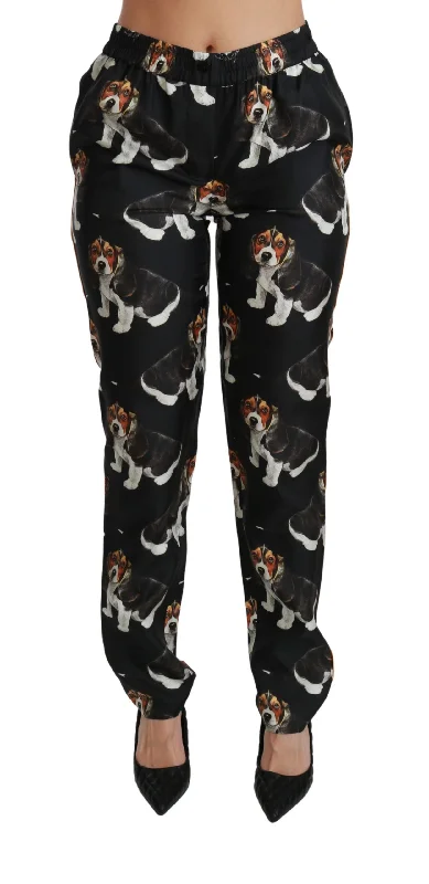 Dolce & Gabbana Elegant Silk Puppy Dog Print Pants Soft Wool Pants