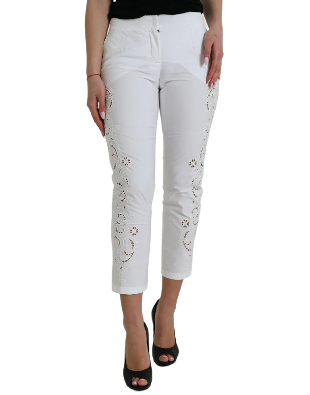 Elegant White Tapered Mid Waist Pants Soft Stretch Trousers