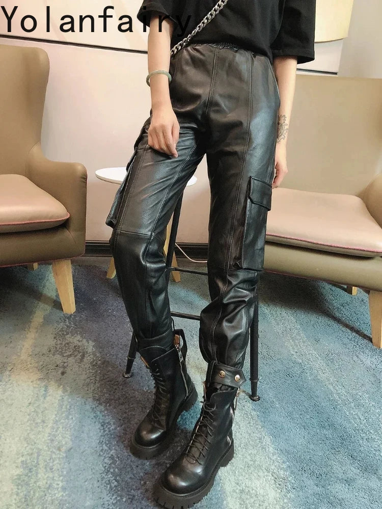 Genuine Leather Women's Pants Spring Autumn Streetwear Women Leisure Elegant Wool Trousers