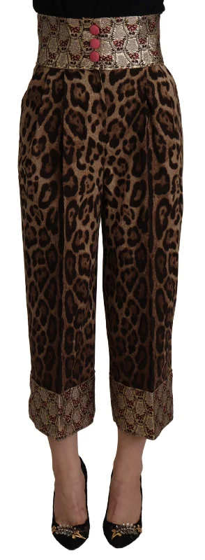 High Waist Cropped Leopard Jacquard Pants Formal Linen Trousers