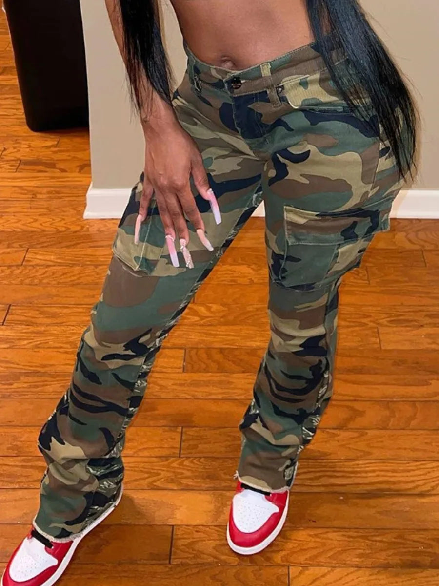 LW High Waist Camo Multicolor Cargo Pants Street Casual Side Pocket Camouflage Formal Dress Pants