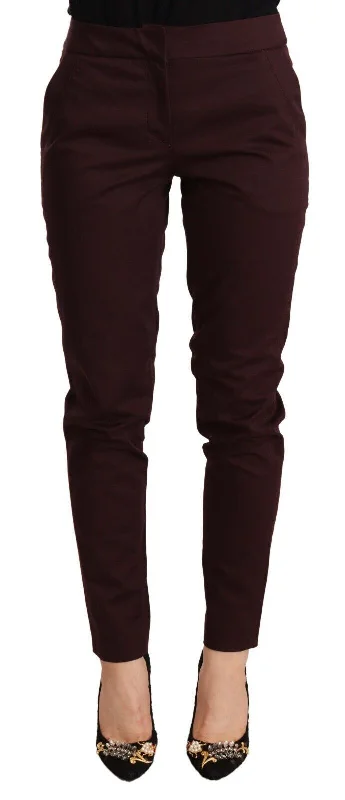 Maroon Slim Fit Skinny Pants With Zipper Detail Elegant Trouser Pants