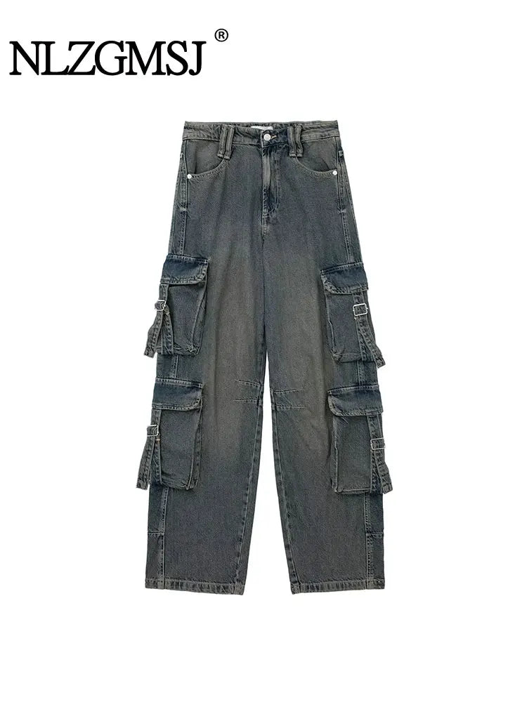 Woman Mid Waist Vintage Street Hot Baby For Pocket Workwear Denim Cargo Long Pants Trendy Tapered Pants