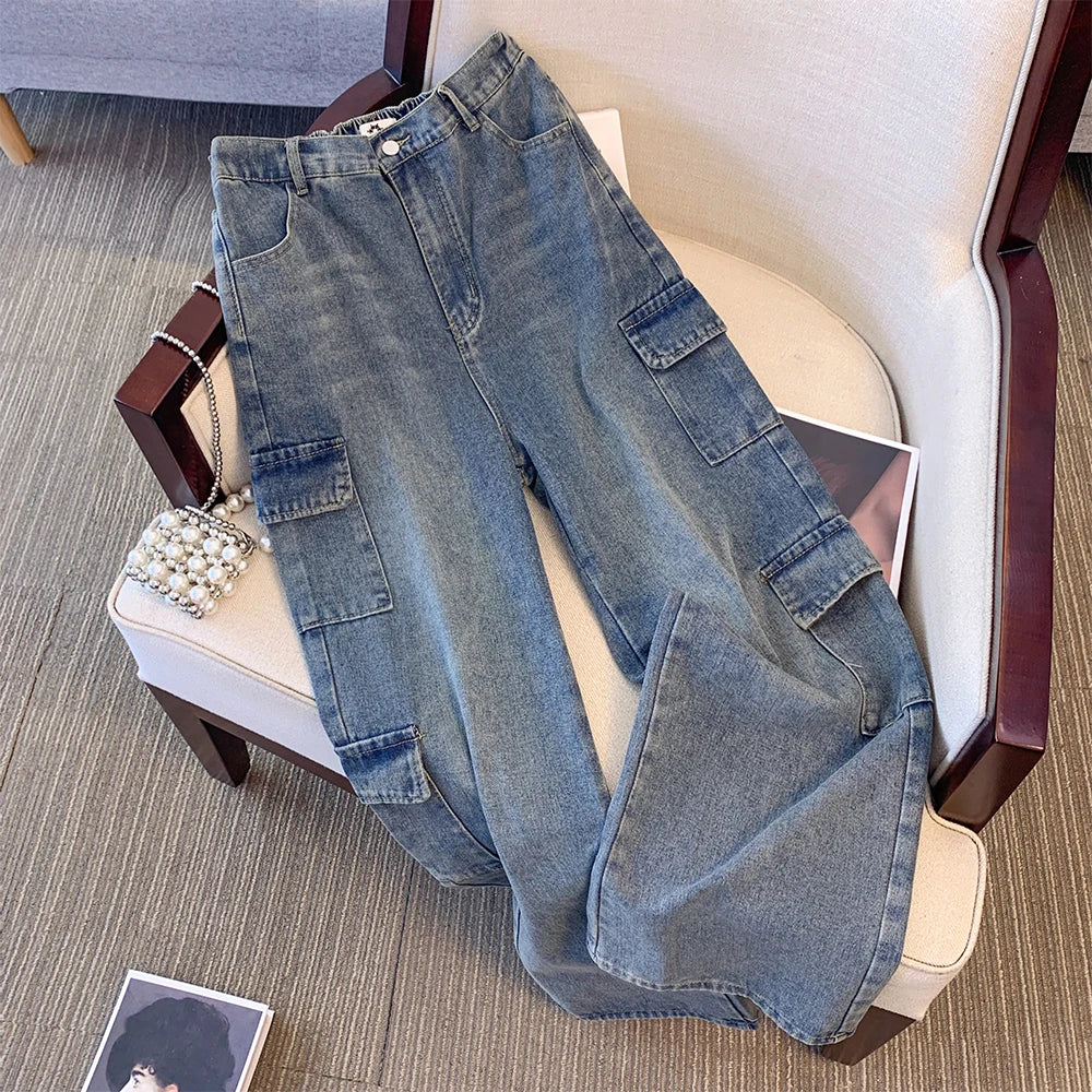 Plus size women's fall casual denim pants Blue washed denim  cargo pants Classic Stretch Pants