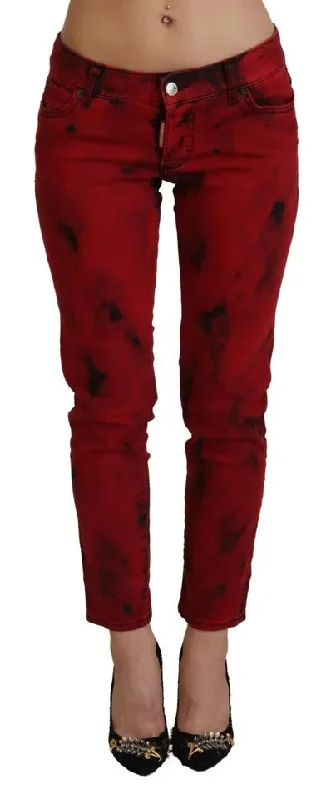 Red Low Waist Cotton Stretch Skinny Pants Classic Bootcut Trousers