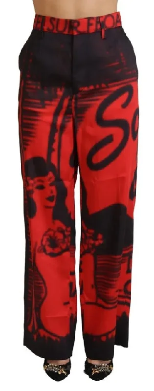 Red Printed High Waist Straight Pants Trendy Work Pants