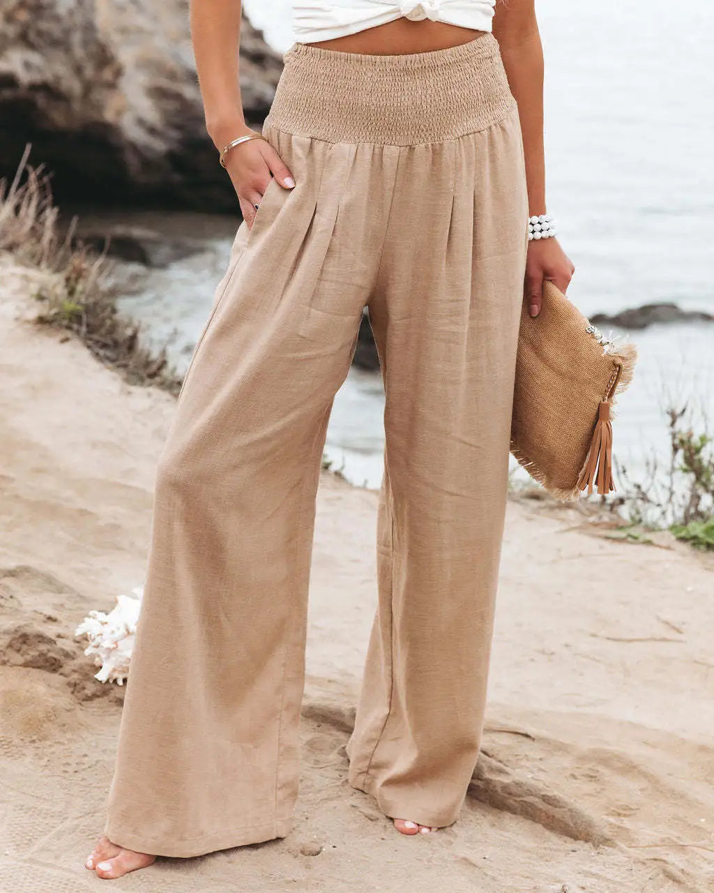 Quick Sell Cotton Hemp High Waist Pull Elastic Waist Popular Women's Casual Pants Comfy Zip-Up Pants