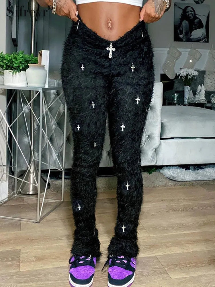 Fashion Casual Pencil Pants Trend Slim Fit Cross Accessories Autumn Elegant Silk Pants