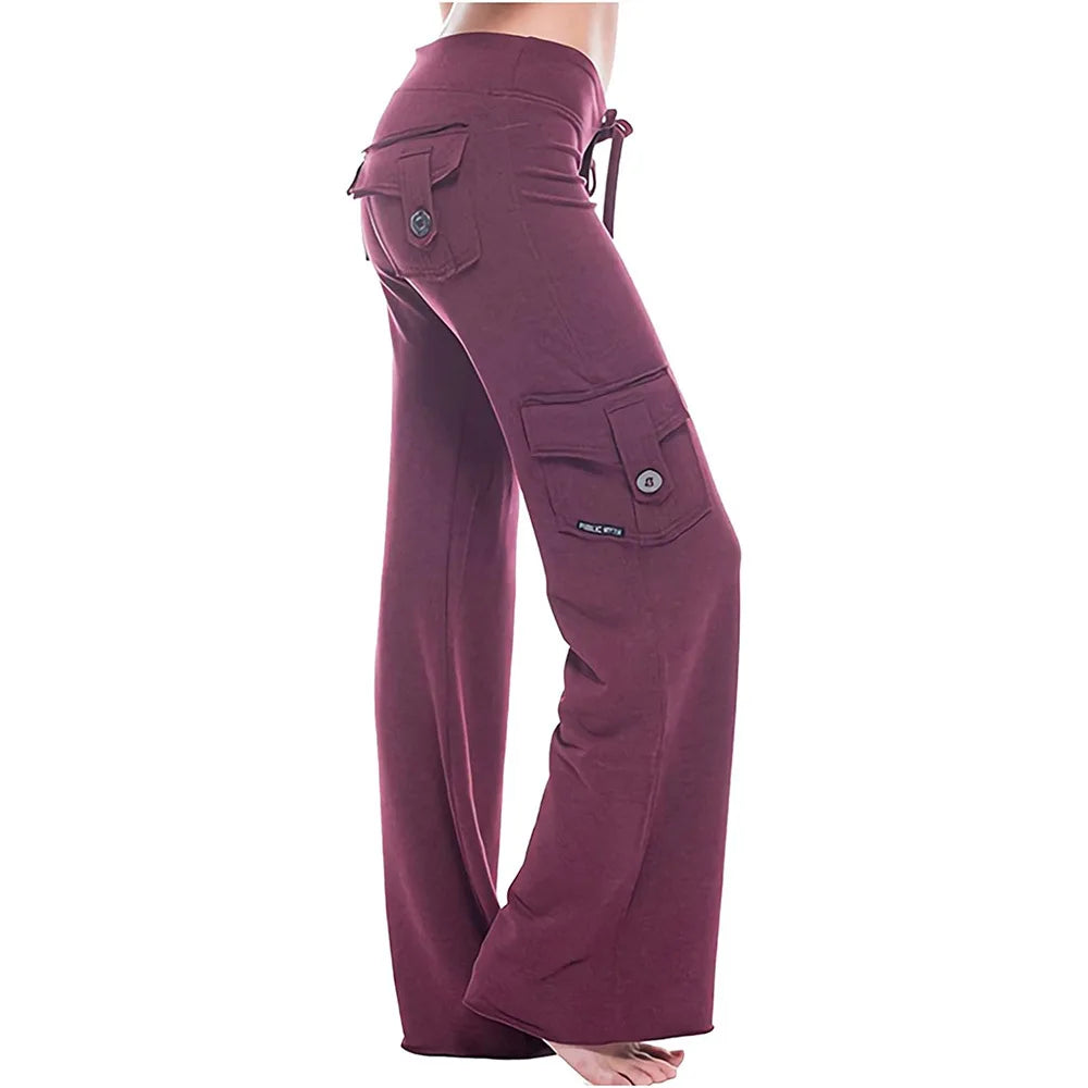 solid color multi-pocket belt sports comfortable casual straight-leg cargo pants Trendy Wide-Leg Pants