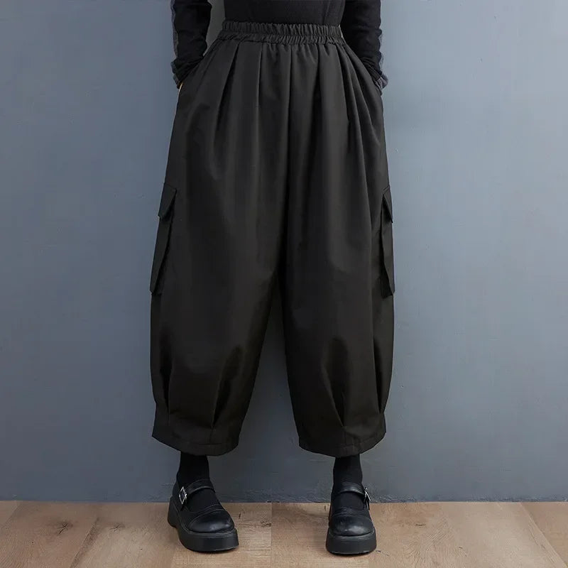 Black Vintage High Elastic Waist Oversized Cargo Pants Women Lightweight Linen Pants