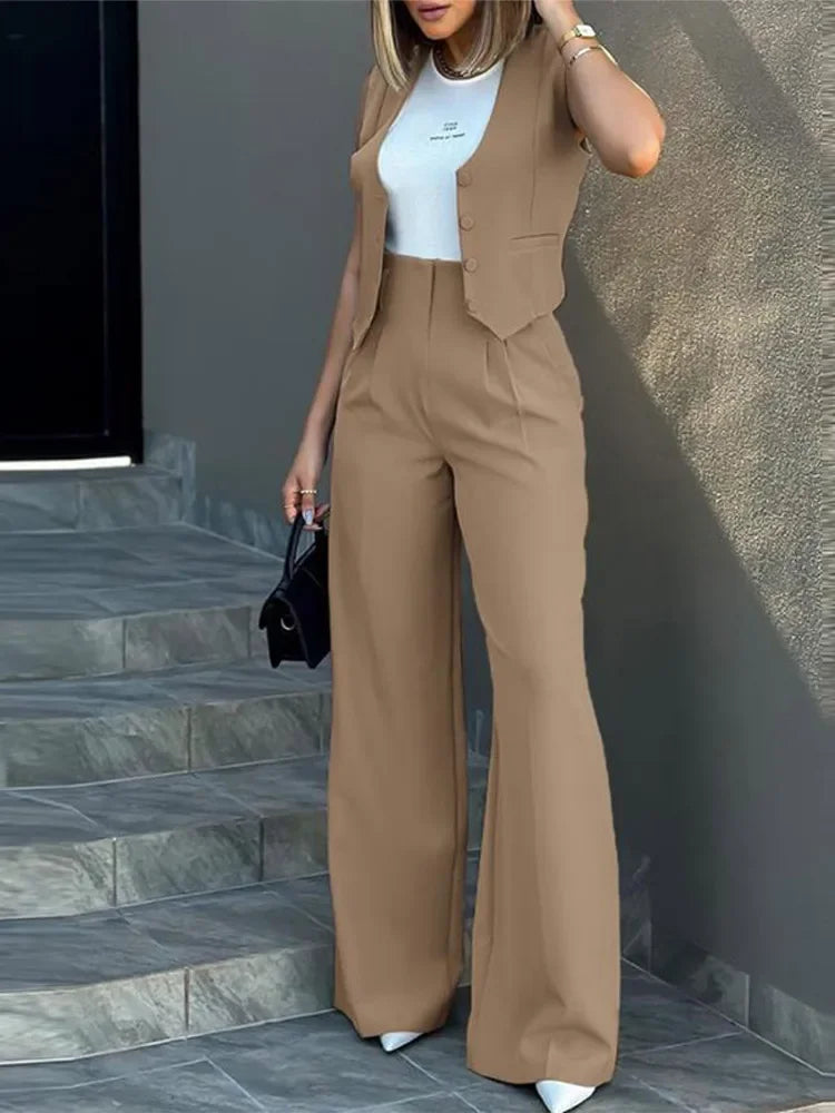 Stylish Women Commuting Vest Tops High Waist Wide Leg Pants Slim-Fit Khaki Pants