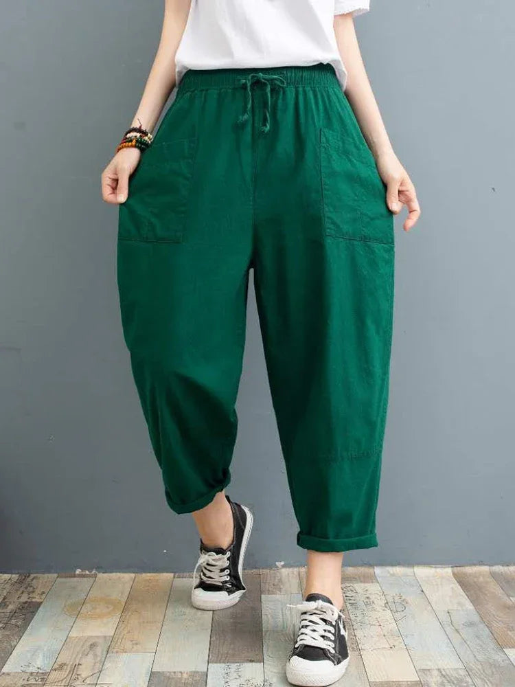 Summer Cotton Linen Harem Pants for Women 2023 Large Size Elastic Waist Lantern Pants Classic Pleated Pants