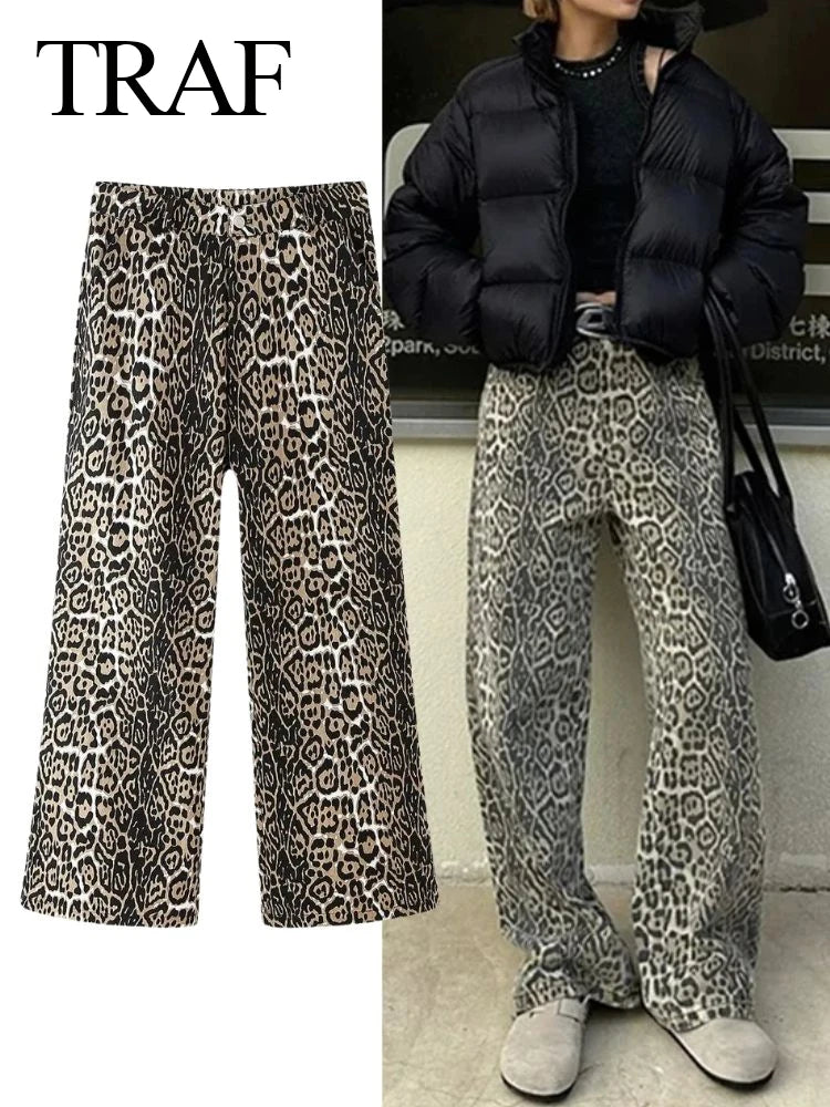 Women Vintage Leopard Wash Denim Pant 2024 Spring Hip Hop Loose Casual Lounge Pants