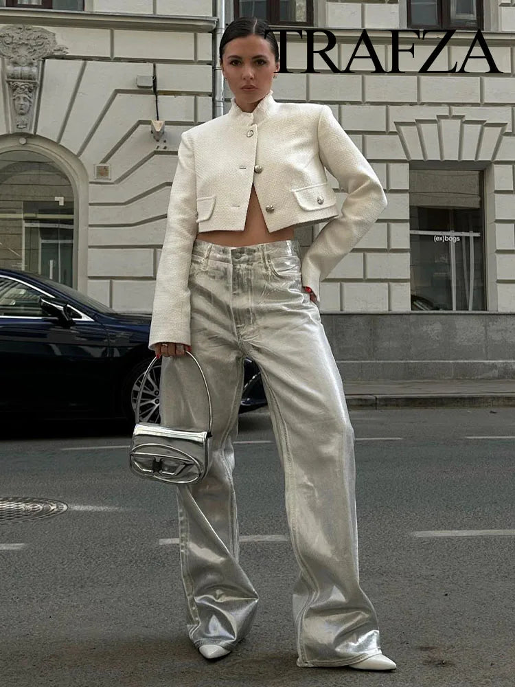 Fashion Silver High Waist Cargo Pants Vintage Pocket Decoration Elegant Cozy Lounge Pants