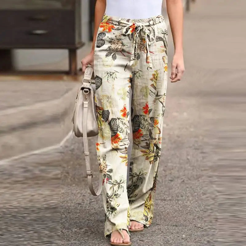 Vintage Printed Women Pants Spring Autumn Fashion Drawstring Wide Leg Elastic Fashionable Track Pants