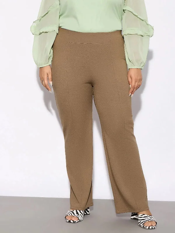 Women Beige Front Seam Straight Pants Warm Wool Trousers