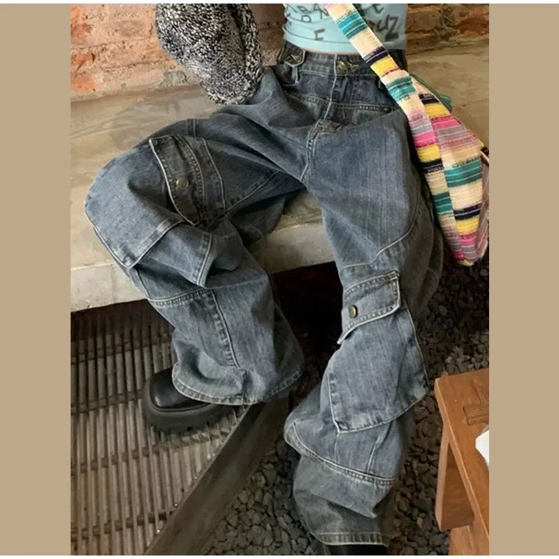 Women Big Pocket Oversize Loose Female Denim Pants  2023 Autumn Winter Classic Bootcut Trousers