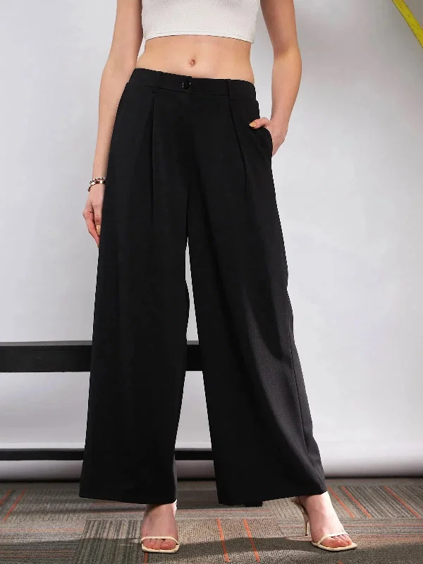 Women Black Front Pleated Loose Fit Korean Pants Stylish Paperbag Waist Pants