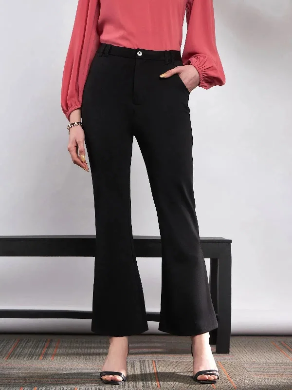 Women Black Knit Bell Bottom Pants Formal Slim Pants