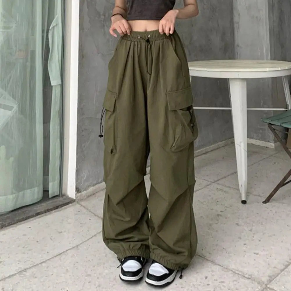 Women Cargo Pants Hip Hop Baggy Solid Color Multi Pockets Elastic Waist Match Top Trendy Palazzo Pants