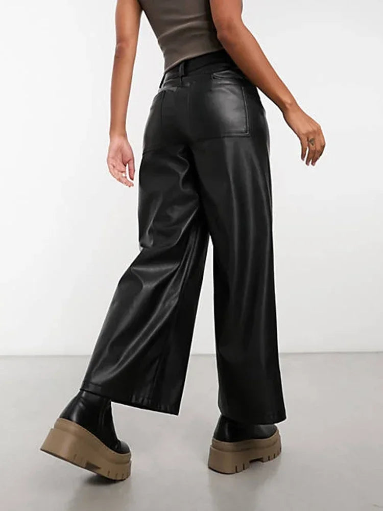 Women Casual Loose Faux Leather Cargo Pants Fashion Ladies Vintage Matte Comfy Athletic Pants
