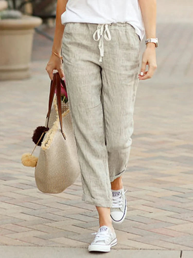 Women Elegant Simple Pants Fashion Drawstring Design Solid Color Cropped Pants Comfortable Fleece Pants