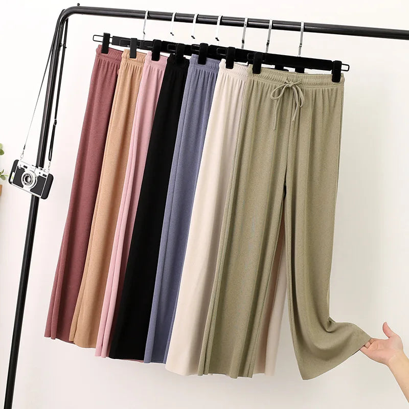 Women Long Pants 2024 Spring Summer Straight Long Elastic Waist Wide Leg Chic Black Leggings