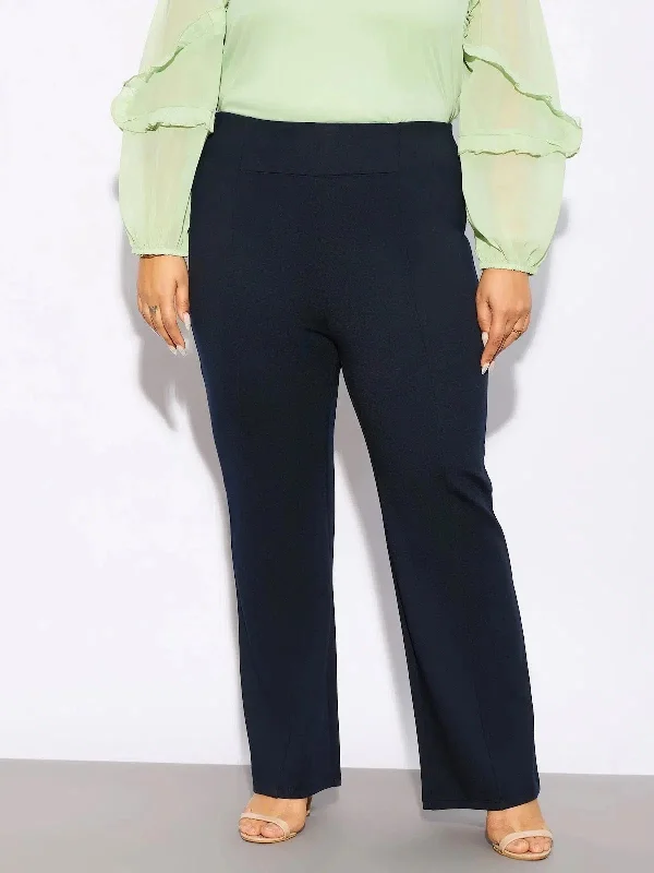Women Navy Front Seam Straight Pants Comfortable Wide-Leg Pants