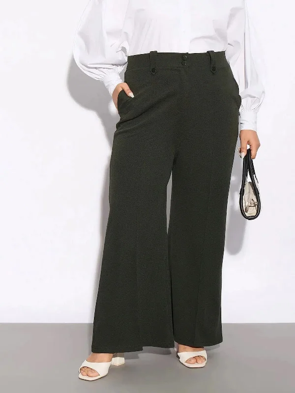 Women Olive Front Loop Detail Bell Bottom Pants Formal Stretch Pants