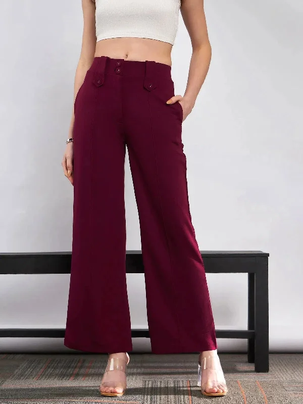 Women Red Double Button Waist Straight Pants Chic Wool Trousers