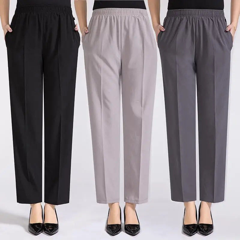 Women Summer Silk Comfortable High Waist Elastic Long Ladies Pants Comfy Cargo Trousers