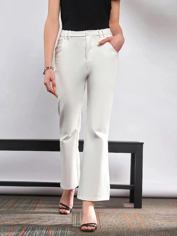 Women White Knit Bell Bottom Pants Slim-Fit Leggings