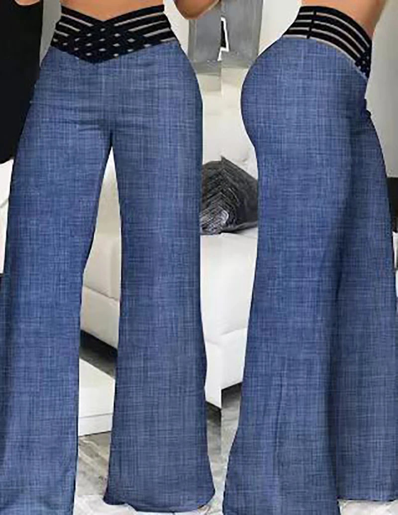 Women Wide Leg Flared Pants Crisscross Sheer Mesh Patch High Waist Pant High-Waist Yoga Pants