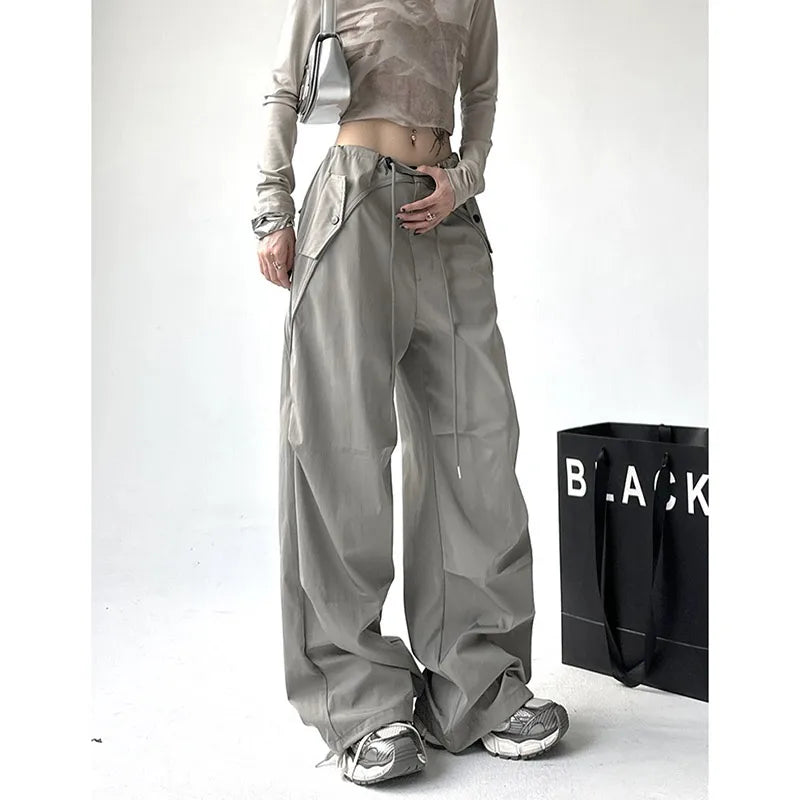Women's Grey Drawstring Cargo Pants Fashion Y2k High Waist Pocket Straight Pants Casual Wide Pants