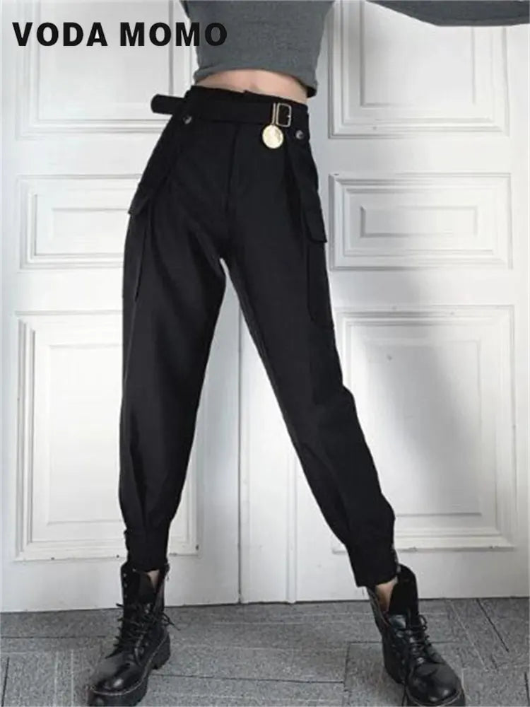 Women's Korean Style Cargo Pants Jogger Elastic Waist High Harajuku Straight Pants Trendy Printed Pants