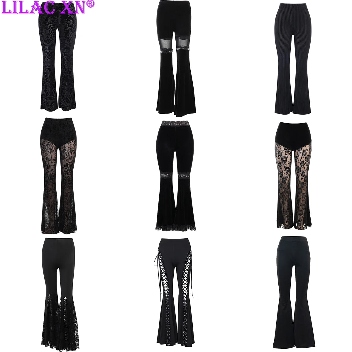 Y2K Gothic Black Lace Mesh Flared Pants Harajuku Aesthetic See Through Relaxed Linen Pants