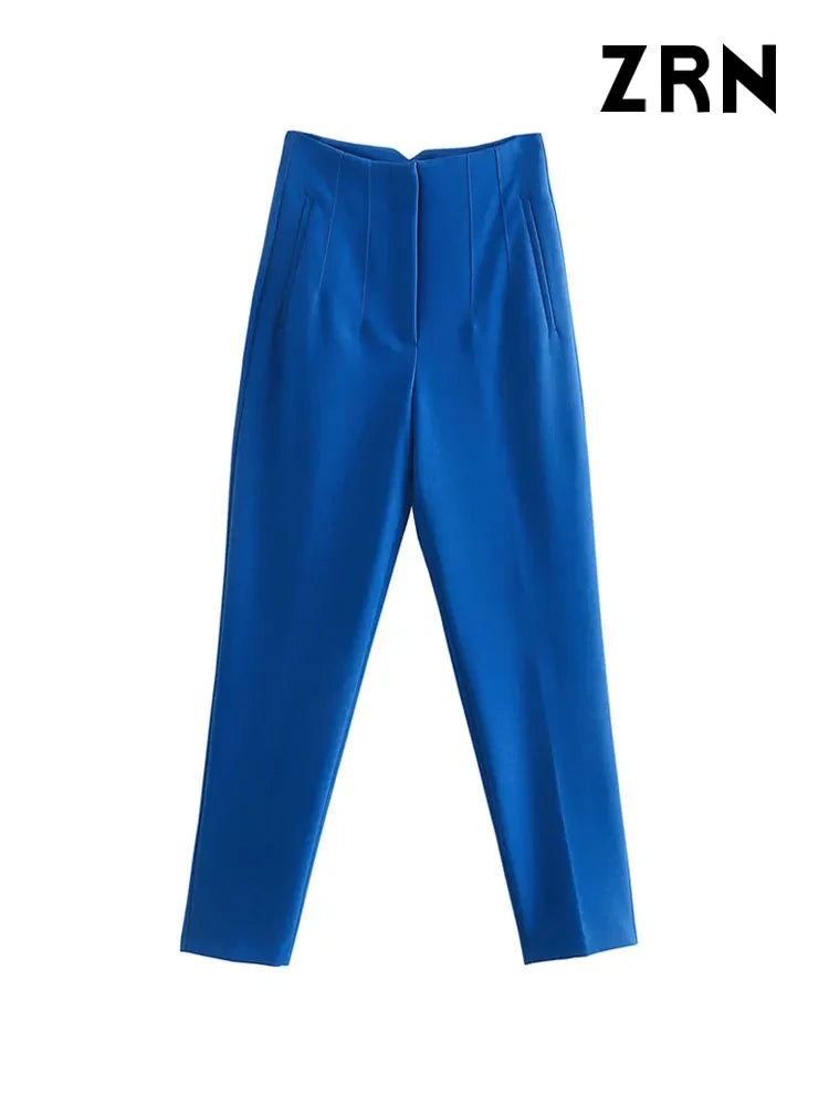 Women Chic Fashion With Seam Detail Office Wear Pants Vintage High Waist Zipper Trendy Wide-Leg Pants