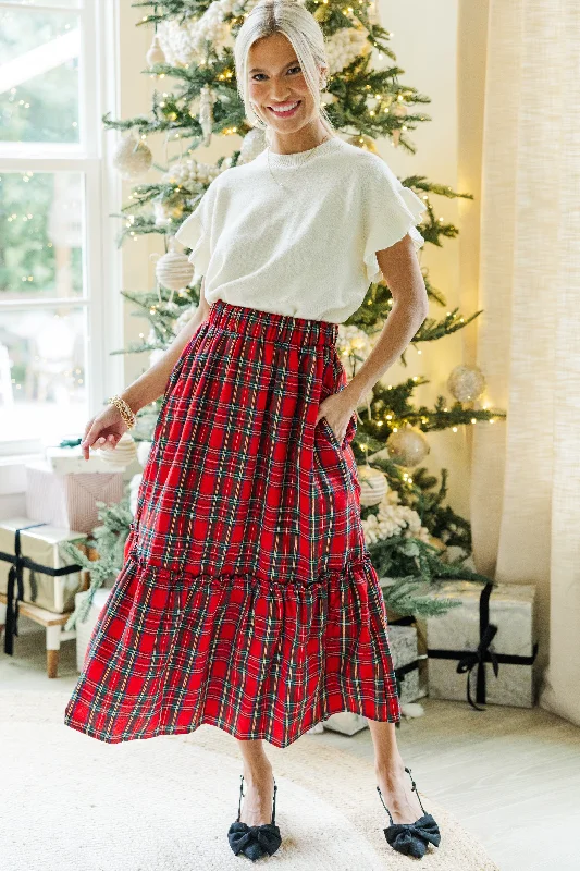 All In A Dream Red Tartan Plaid Midi Skirt patchwork skirt art