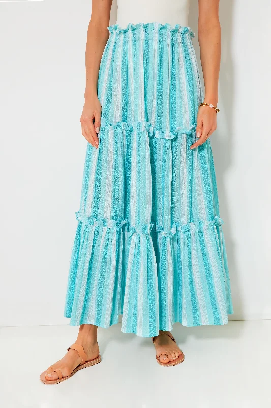 Aquamarine Stripe Gauze Prado Skirt elastic waist skirt