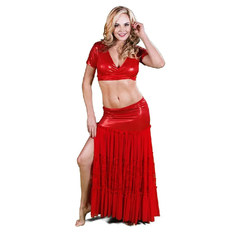 Belly Dance Red Skirt, Top, & Hip Scarf Costume Set | SIZZLIN HOT RAQS button skirt front Belly Dance Red Skirt, Top, & Hip Scarf Costume Set | SIZZLIN HOT RAQS button skirt front