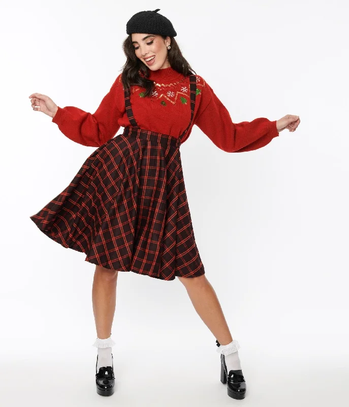 Black & Orange Windowpane Suspender Swing Skirt button skirt front