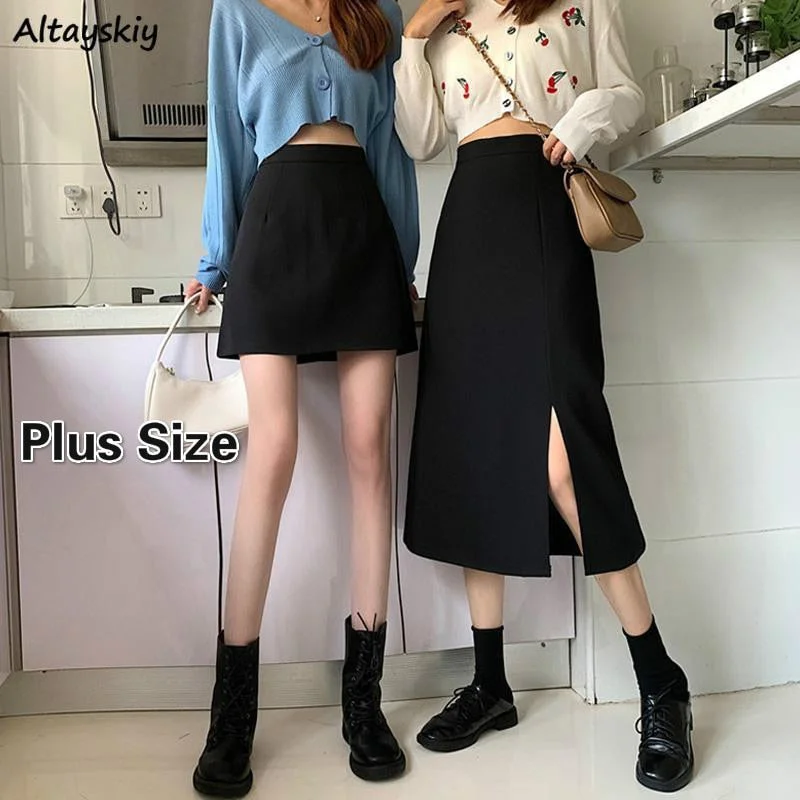 Black Skirts Women Mid-calf College A-line High Waist Korean Style Plus Size Streetwear Chic Female Bottom athletic skirt fit