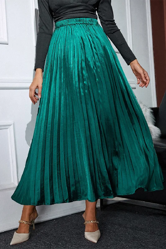 Blackish Green Satin Elastic Waist Pleated Maxi Skirt pleated skirt texture