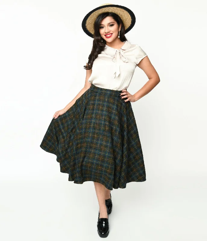 Blue & Green Check Plaid Swing Skirt cashmere skirt rich