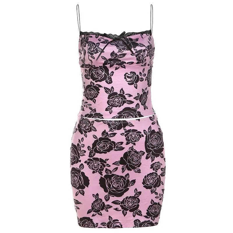 Bowknot rose print lace hem mini skirt set linen skirt natural