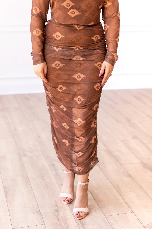 Aztec Mesh Midi Skirt, Brown cashmere skirt fine