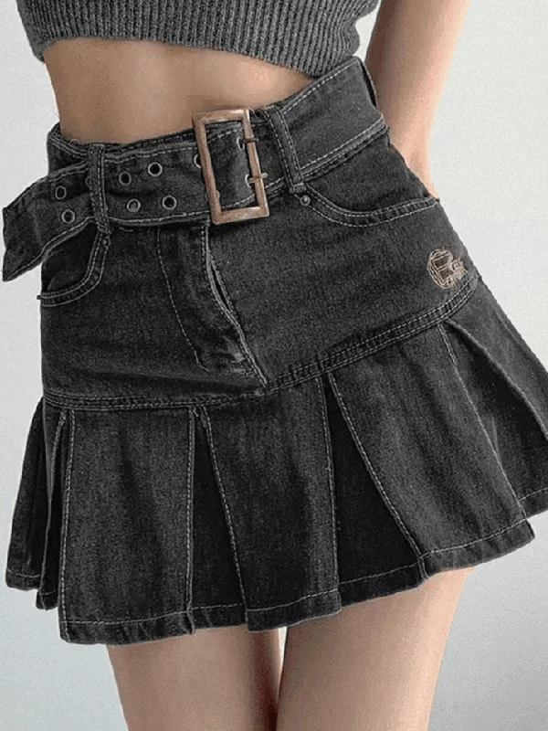 Buckle Belt Pleated Denim Mini Skirt denim skirt stylish