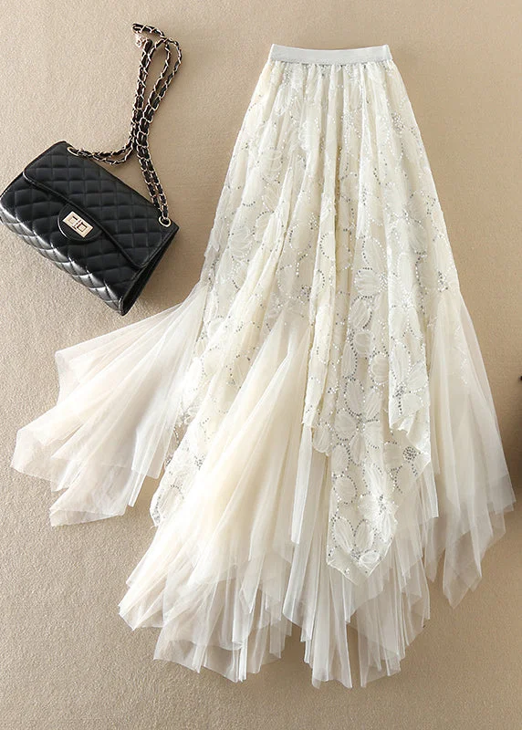 Casual White Sequins asymmetrical design Tulle Skirts Spring velvet skirt plush