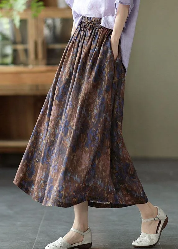 Chic Khaki Print Patchwork A Line Skirt Linen Fall chiffon skirt lightweight